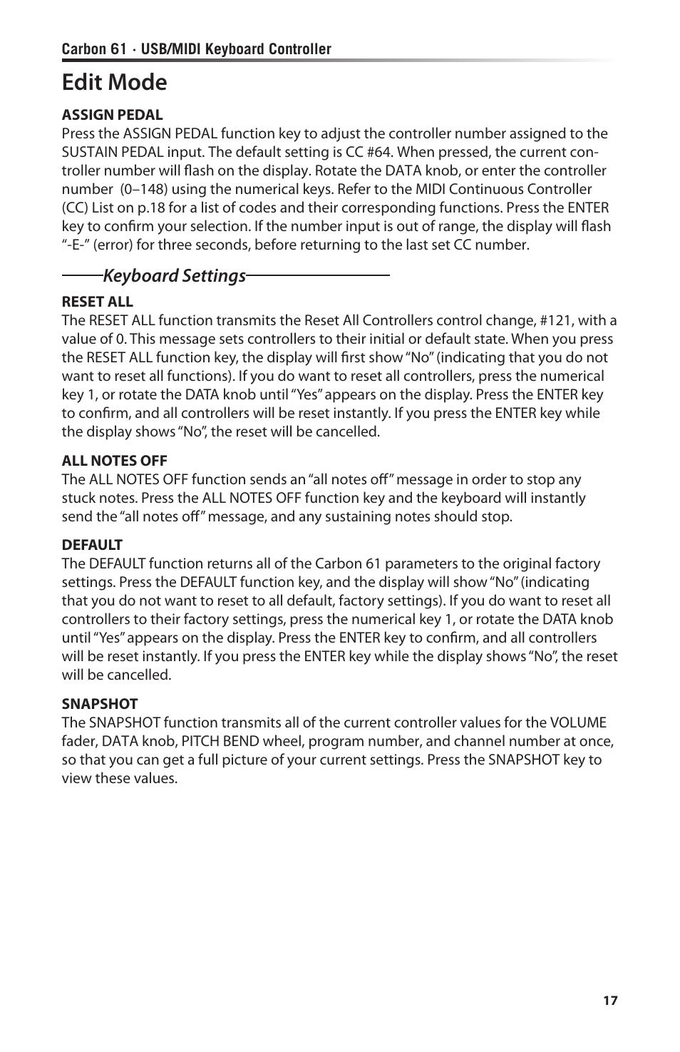 Edit mode, Keyboard settings | Samson Carbon 61 - USB/MIDI Keyboard Controller User Manual | Page 17 / 24