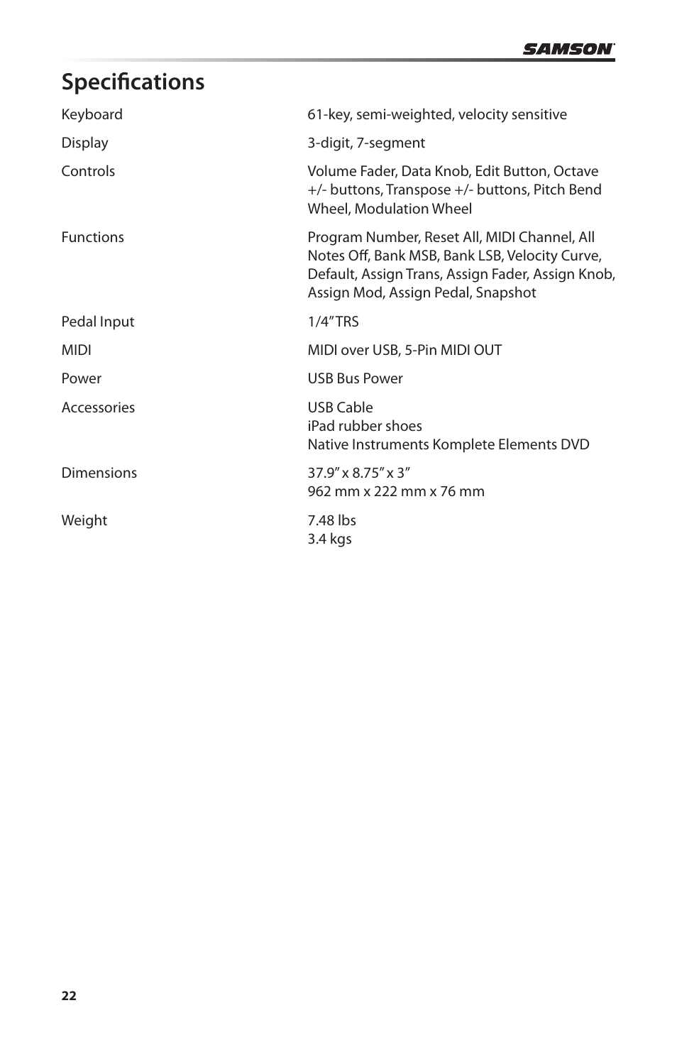 Specifications | Samson Carbon 61 - USB/MIDI Keyboard Controller User Manual | Page 22 / 24