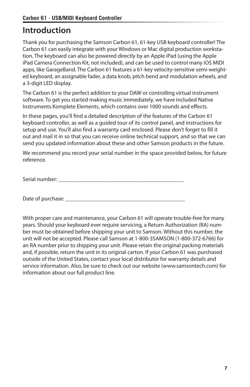 Introduction | Samson Carbon 61 - USB/MIDI Keyboard Controller User Manual | Page 7 / 24