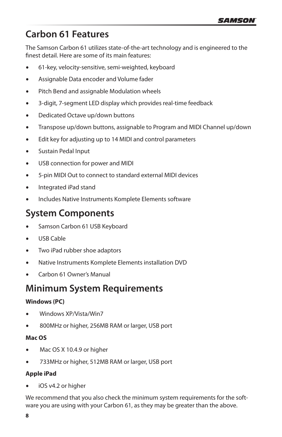 Samson Carbon 61 - USB/MIDI Keyboard Controller User Manual | Page 8 / 24