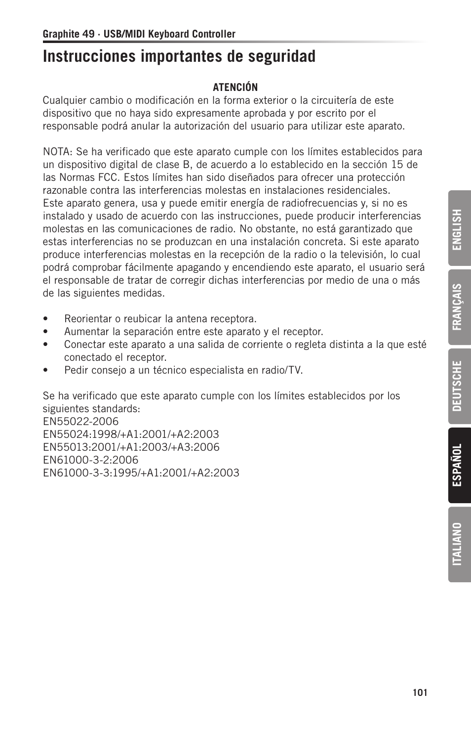 Instrucciones importantes de seguridad | Samson Graphite 49 - USB/MIDI Keyboard Controller User Manual | Page 101 / 164