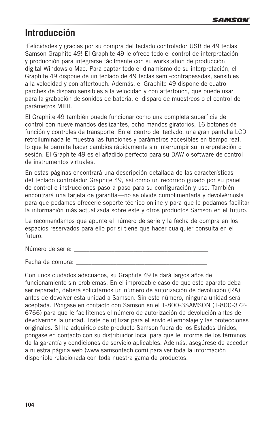 Introducción | Samson Graphite 49 - USB/MIDI Keyboard Controller User Manual | Page 104 / 164