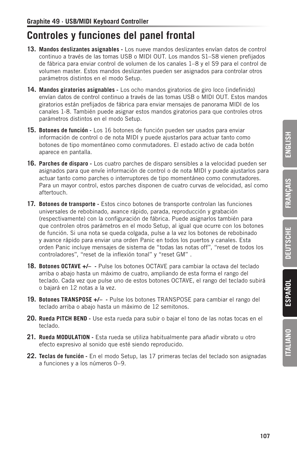 Controles y funciones del panel frontal | Samson Graphite 49 - USB/MIDI Keyboard Controller User Manual | Page 107 / 164