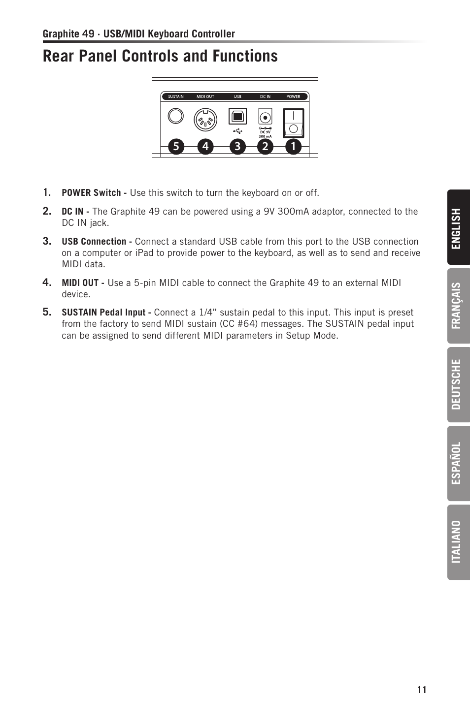 Rear panel controls and functions | Samson Graphite 49 - USB/MIDI Keyboard Controller User Manual | Page 11 / 164