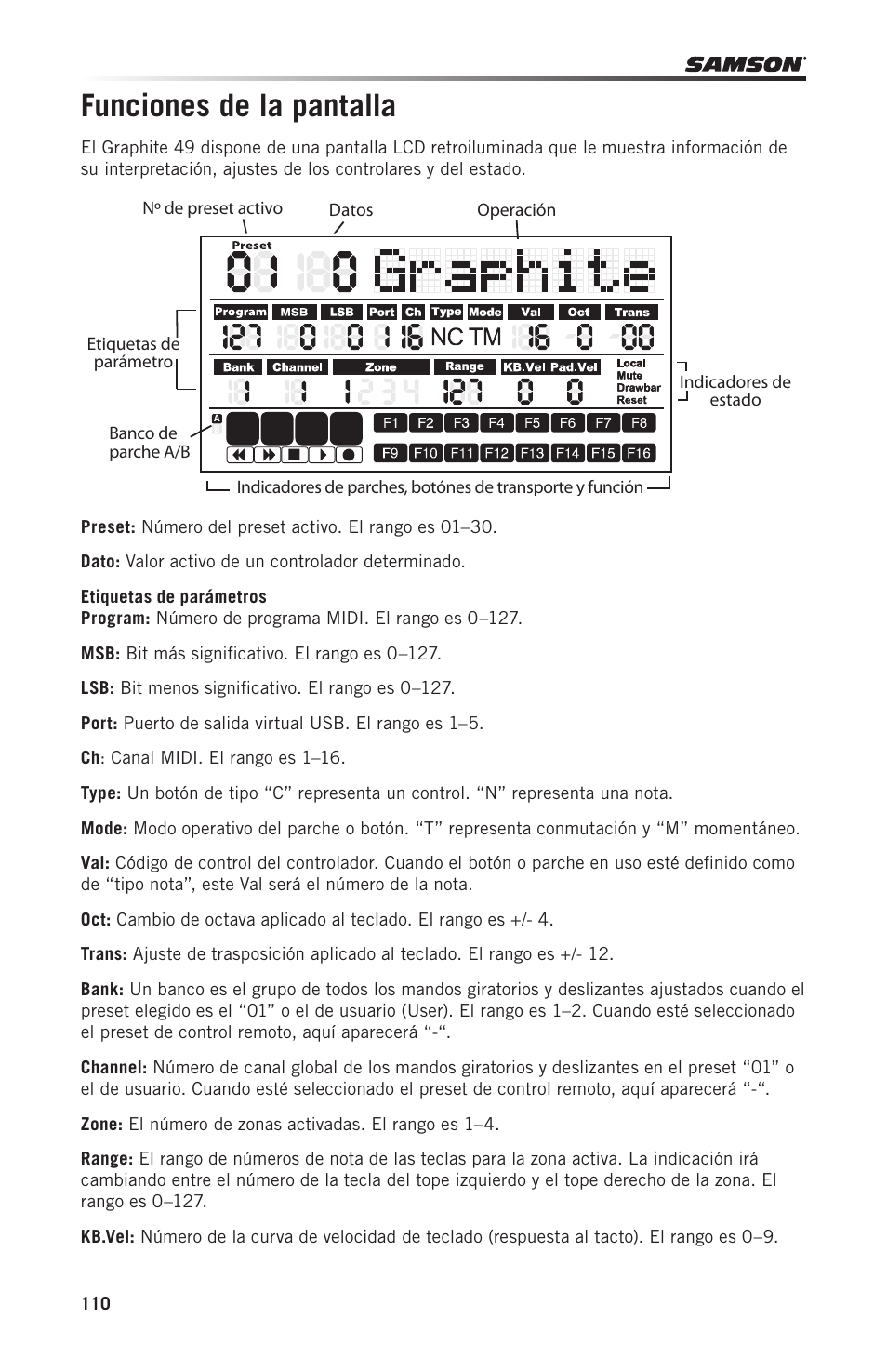 Funciones de la pantalla | Samson Graphite 49 - USB/MIDI Keyboard Controller User Manual | Page 110 / 164