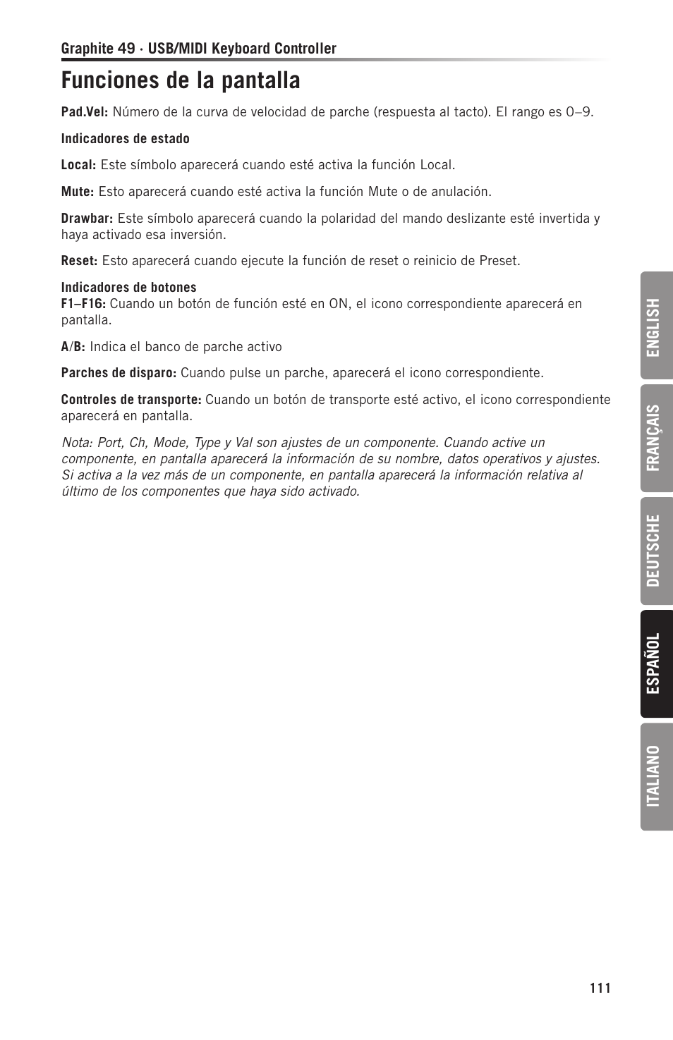 Funciones de la pantalla | Samson Graphite 49 - USB/MIDI Keyboard Controller User Manual | Page 111 / 164