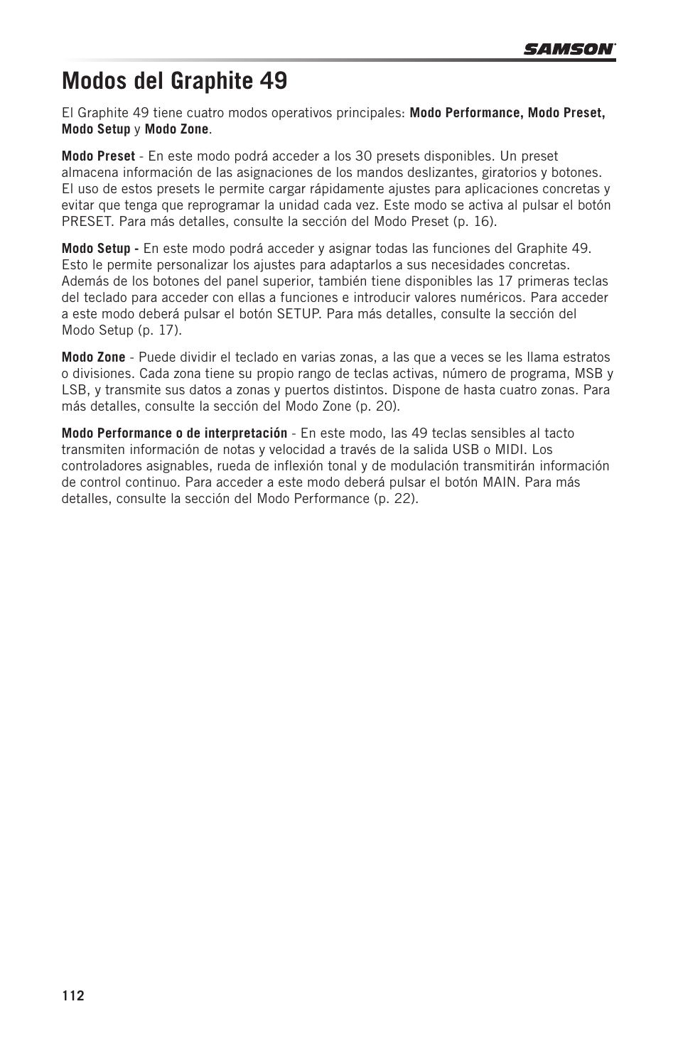Modos del graphite 49 | Samson Graphite 49 - USB/MIDI Keyboard Controller User Manual | Page 112 / 164