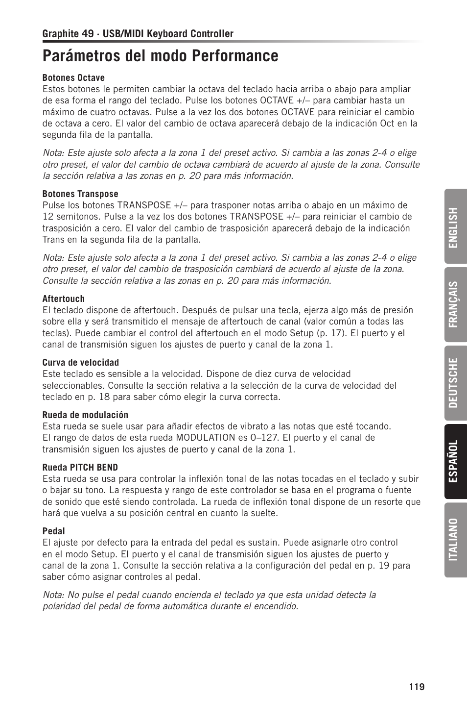 Parámetros del modo performance | Samson Graphite 49 - USB/MIDI Keyboard Controller User Manual | Page 119 / 164
