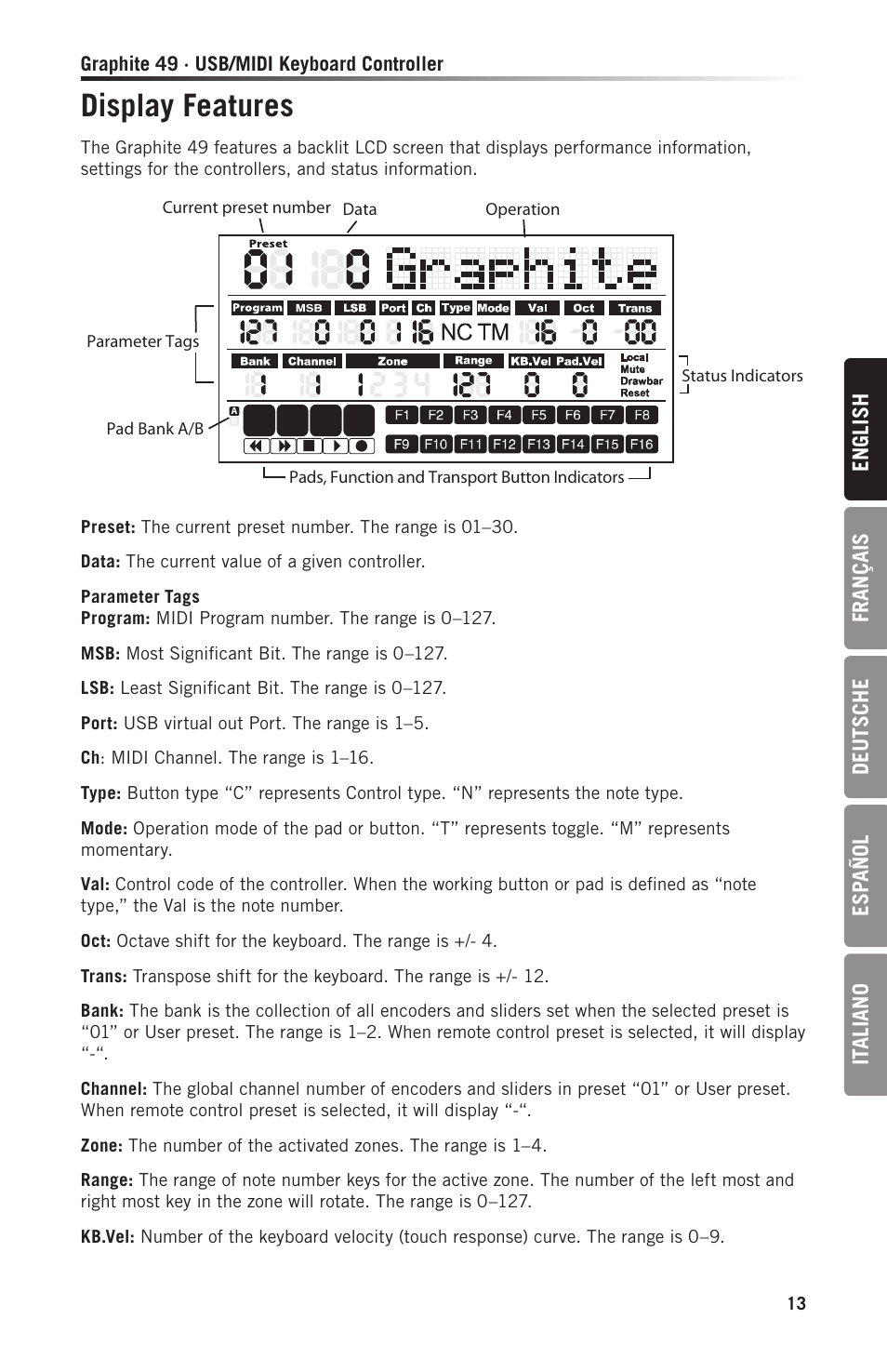 Display features | Samson Graphite 49 - USB/MIDI Keyboard Controller User Manual | Page 13 / 164