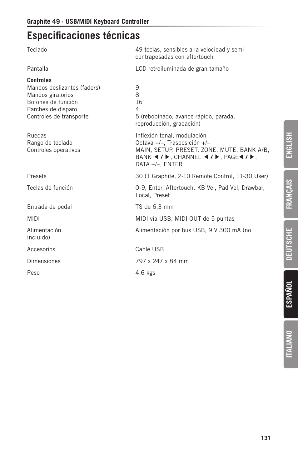 Especificaciones técnicas | Samson Graphite 49 - USB/MIDI Keyboard Controller User Manual | Page 131 / 164