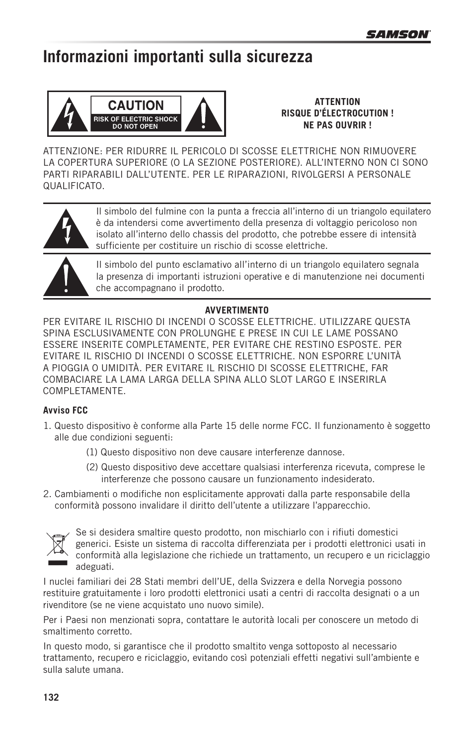 Informazioni importanti sulla sicurezza | Samson Graphite 49 - USB/MIDI Keyboard Controller User Manual | Page 132 / 164