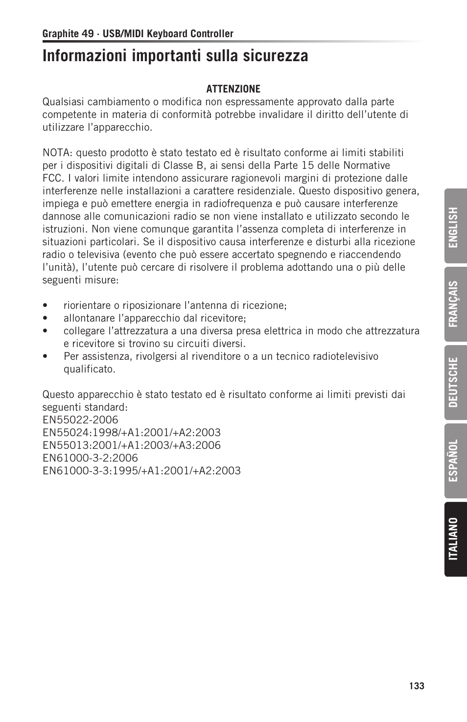 Informazioni importanti sulla sicurezza | Samson Graphite 49 - USB/MIDI Keyboard Controller User Manual | Page 133 / 164
