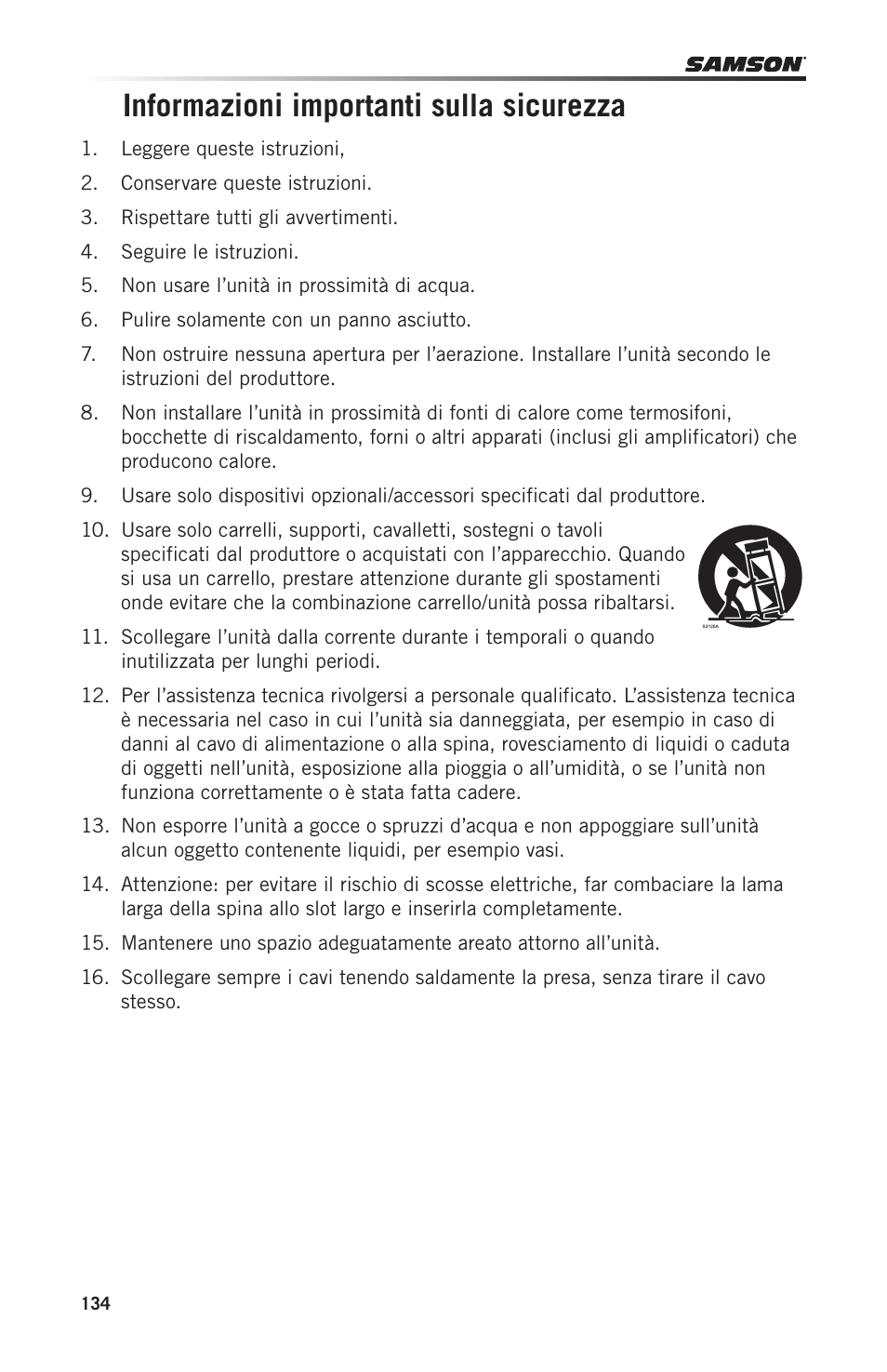 Informazioni importanti sulla sicurezza | Samson Graphite 49 - USB/MIDI Keyboard Controller User Manual | Page 134 / 164