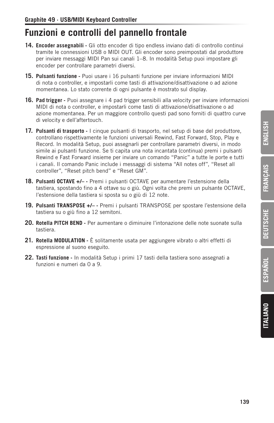 Funzioni e controlli del pannello frontale | Samson Graphite 49 - USB/MIDI Keyboard Controller User Manual | Page 139 / 164