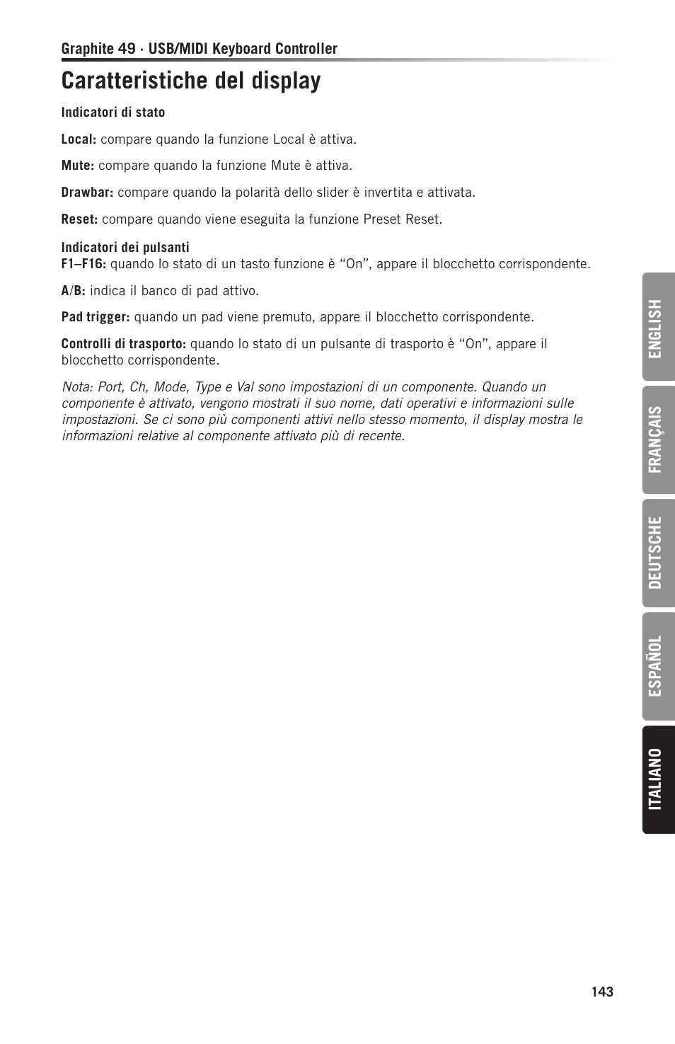 Caratteristiche del display | Samson Graphite 49 - USB/MIDI Keyboard Controller User Manual | Page 143 / 164