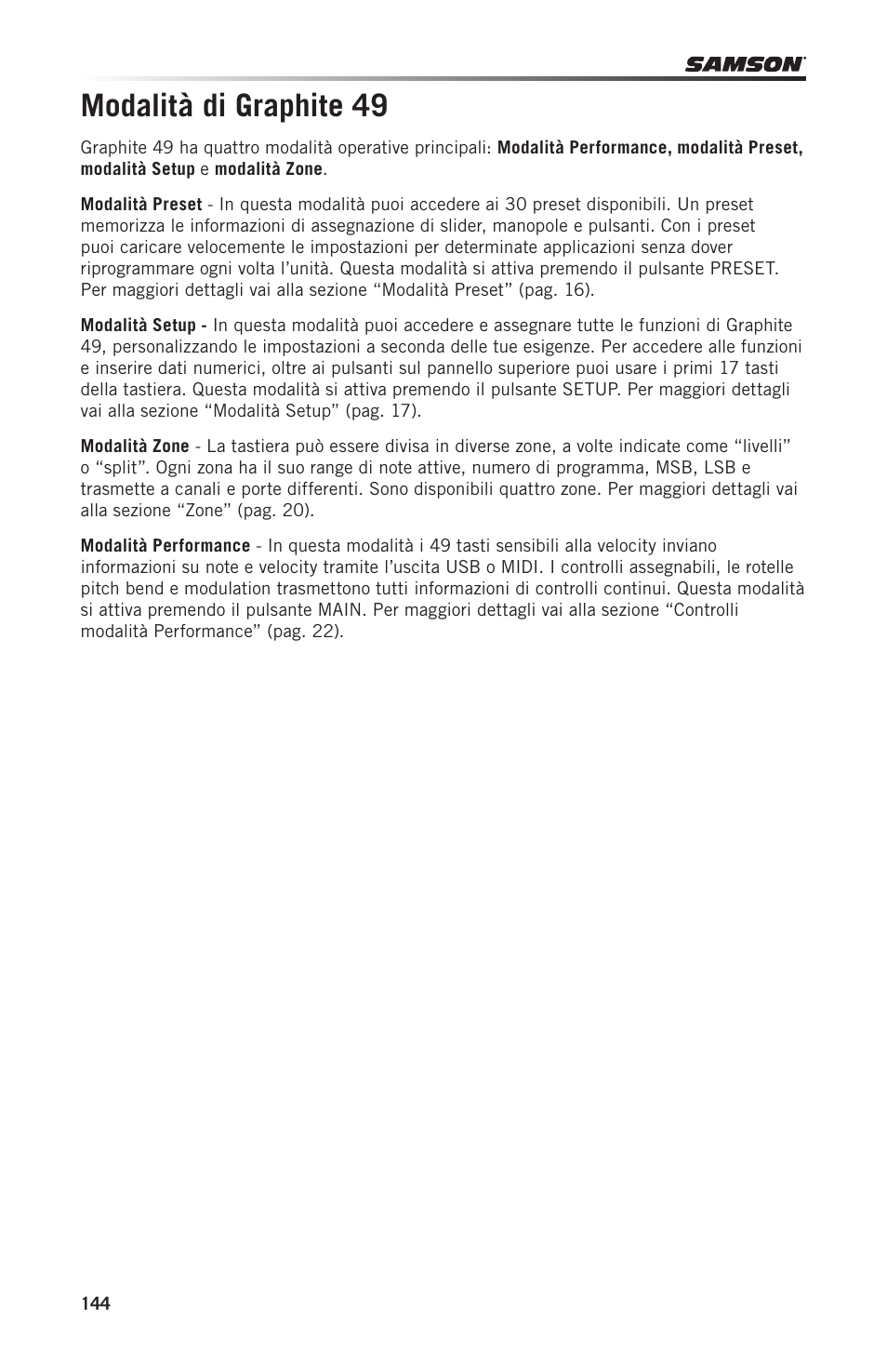 Modalità di graphite 49 | Samson Graphite 49 - USB/MIDI Keyboard Controller User Manual | Page 144 / 164