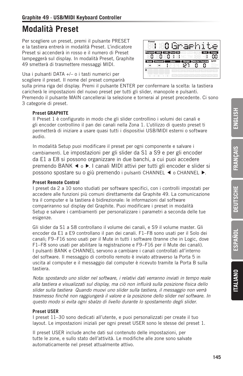 Modalità preset | Samson Graphite 49 - USB/MIDI Keyboard Controller User Manual | Page 145 / 164