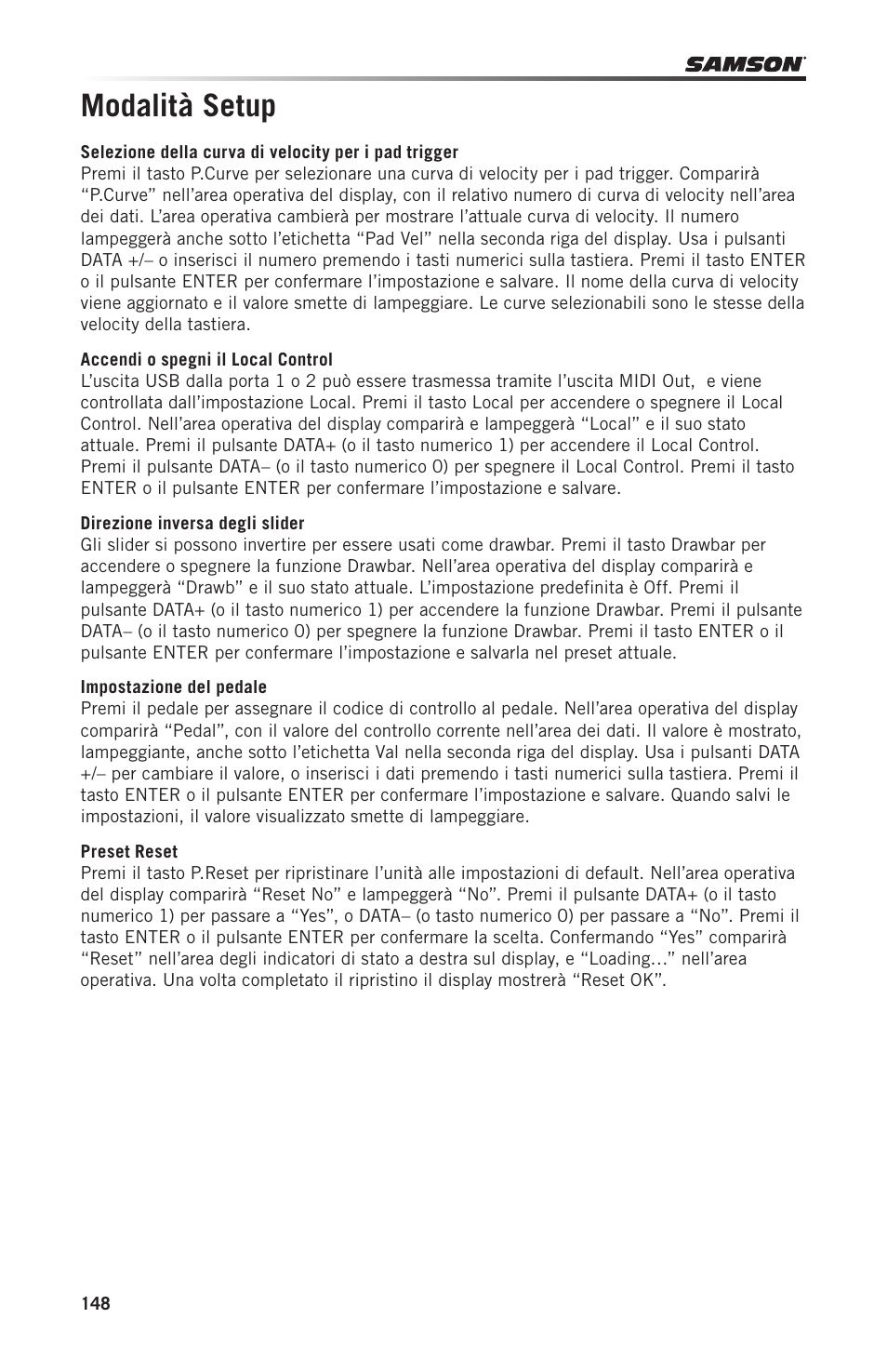 Modalità setup | Samson Graphite 49 - USB/MIDI Keyboard Controller User Manual | Page 148 / 164