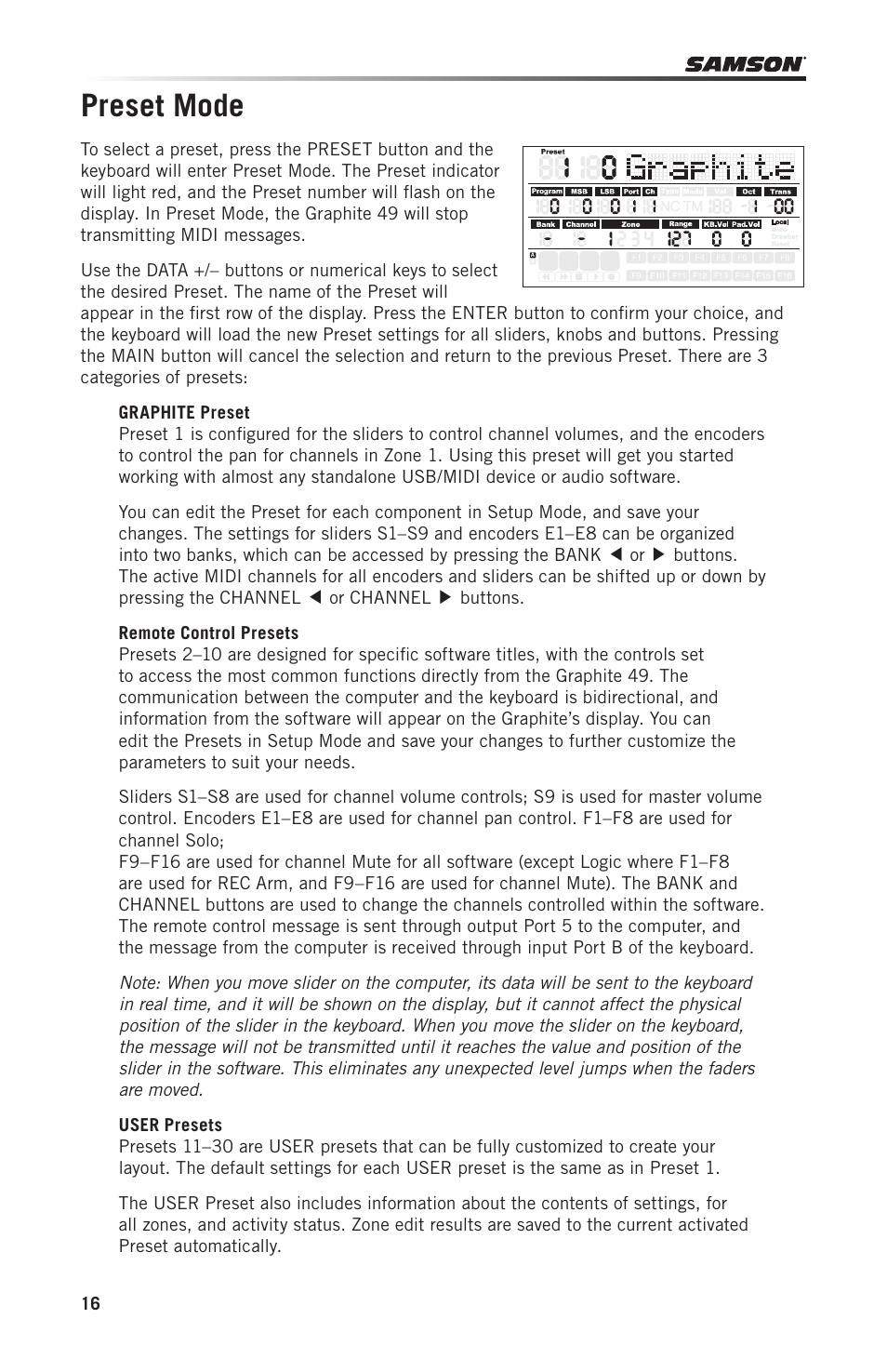 Preset mode | Samson Graphite 49 - USB/MIDI Keyboard Controller User Manual | Page 16 / 164