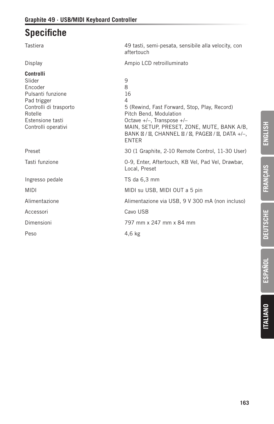 Specifiche | Samson Graphite 49 - USB/MIDI Keyboard Controller User Manual | Page 163 / 164
