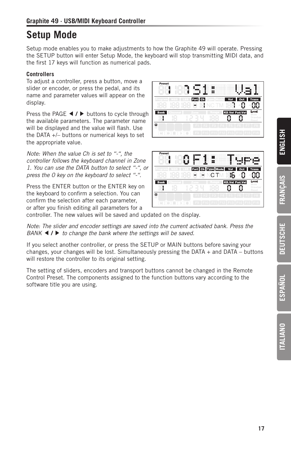 Setup mode, En gl ish français deutsche esp añol it aliano | Samson Graphite 49 - USB/MIDI Keyboard Controller User Manual | Page 17 / 164