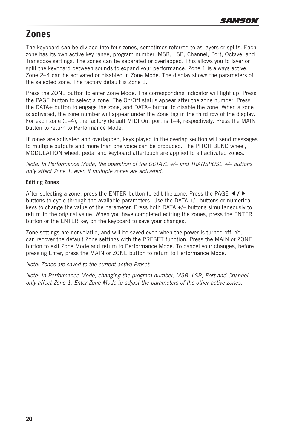 Zones | Samson Graphite 49 - USB/MIDI Keyboard Controller User Manual | Page 20 / 164