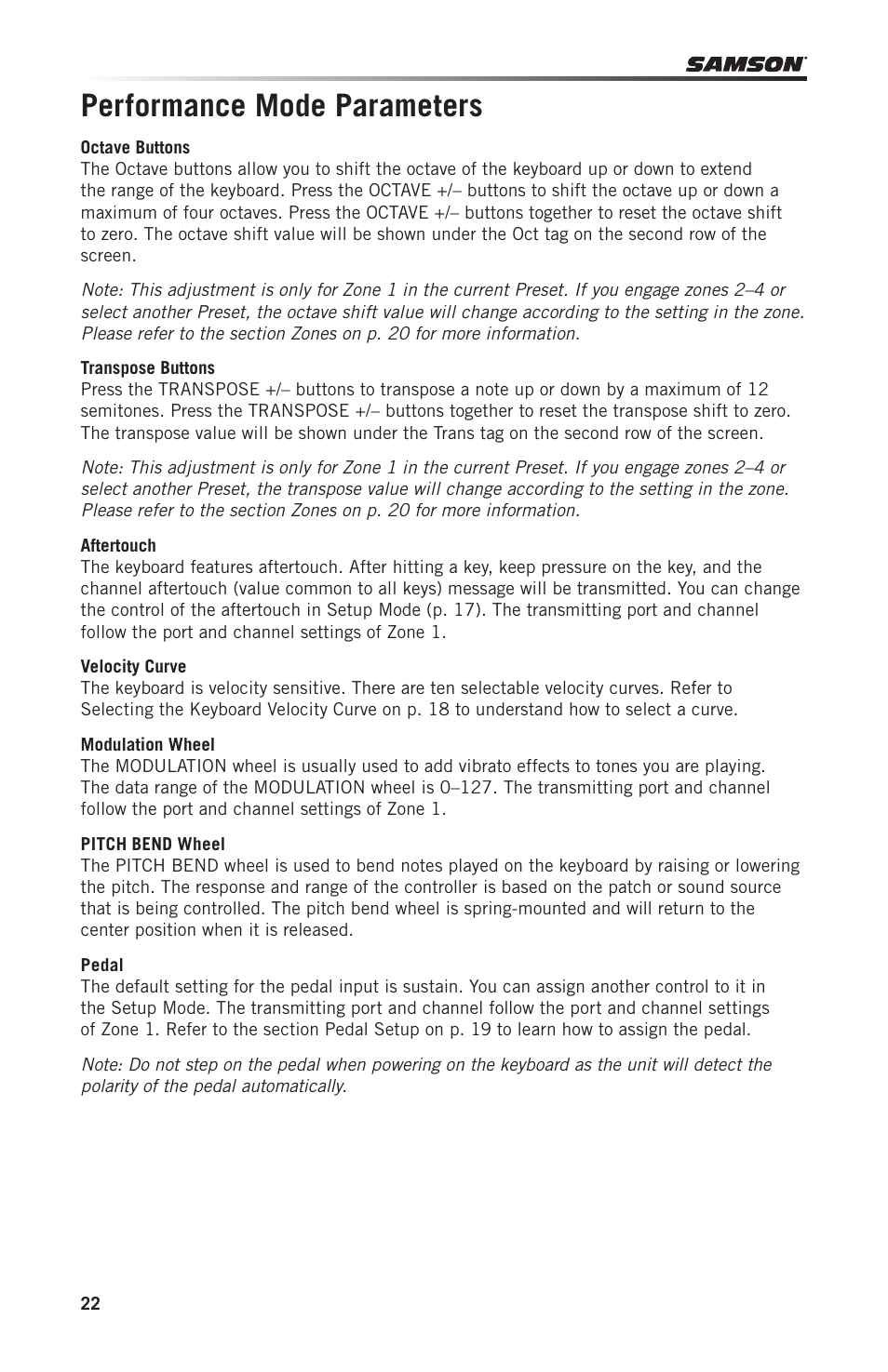 Performance mode parameters | Samson Graphite 49 - USB/MIDI Keyboard Controller User Manual | Page 22 / 164