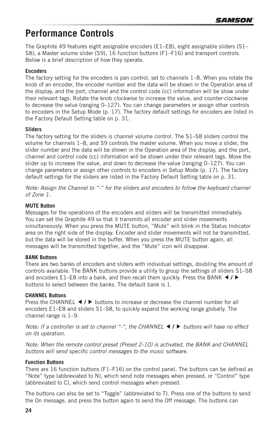 Performance controls | Samson Graphite 49 - USB/MIDI Keyboard Controller User Manual | Page 24 / 164