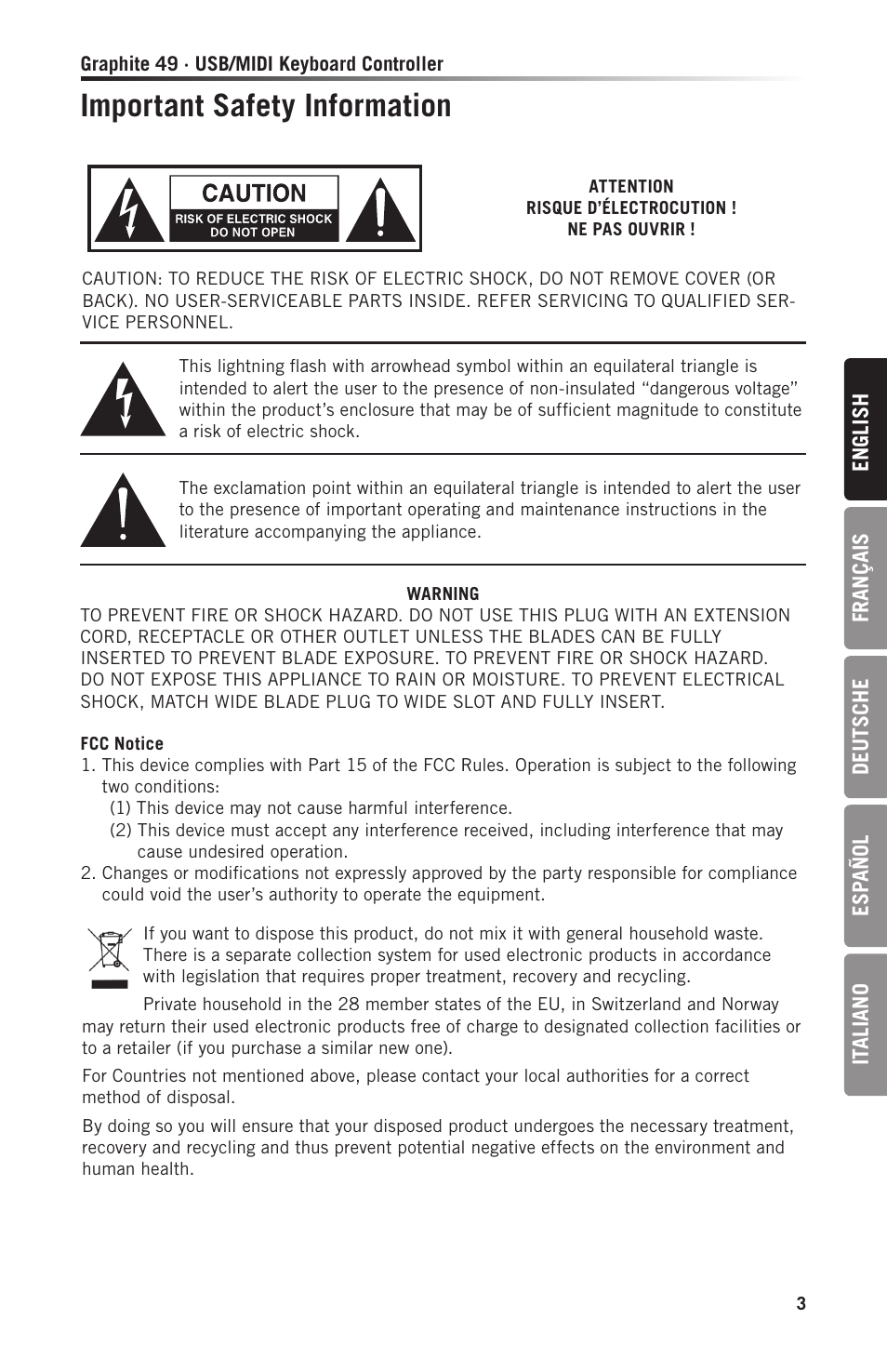 Important safety information | Samson Graphite 49 - USB/MIDI Keyboard Controller User Manual | Page 3 / 164