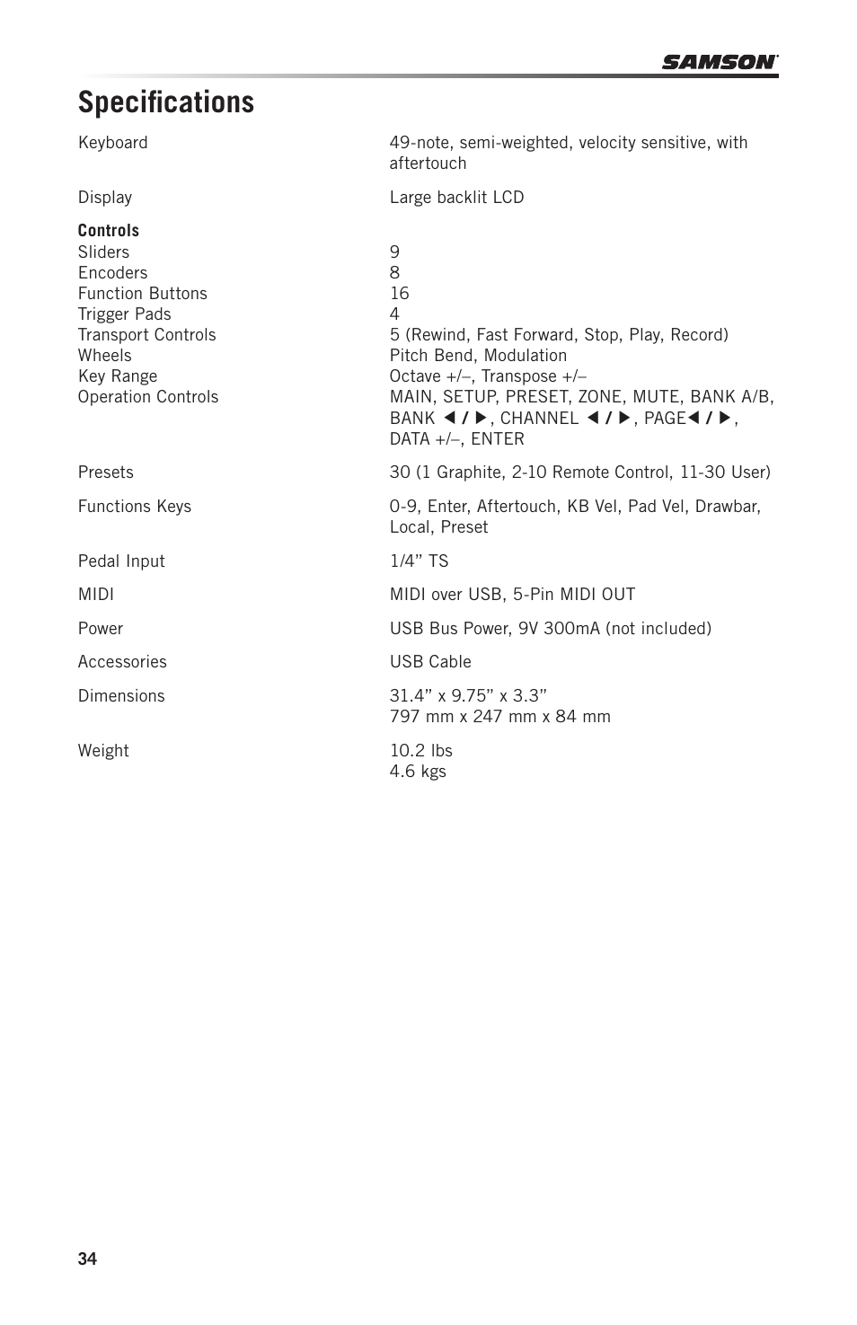 Specifications | Samson Graphite 49 - USB/MIDI Keyboard Controller User Manual | Page 34 / 164