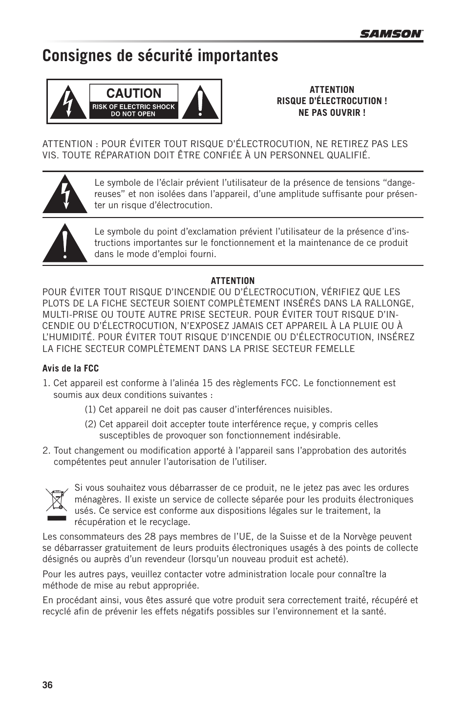 Consignes de sécurité importantes | Samson Graphite 49 - USB/MIDI Keyboard Controller User Manual | Page 36 / 164