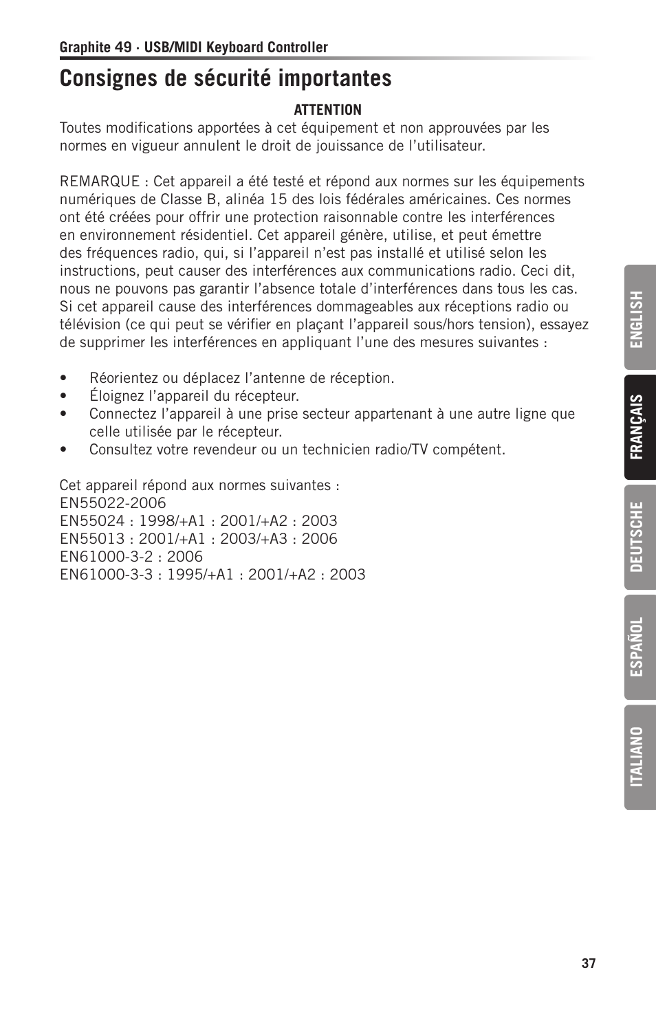 Consignes de sécurité importantes | Samson Graphite 49 - USB/MIDI Keyboard Controller User Manual | Page 37 / 164