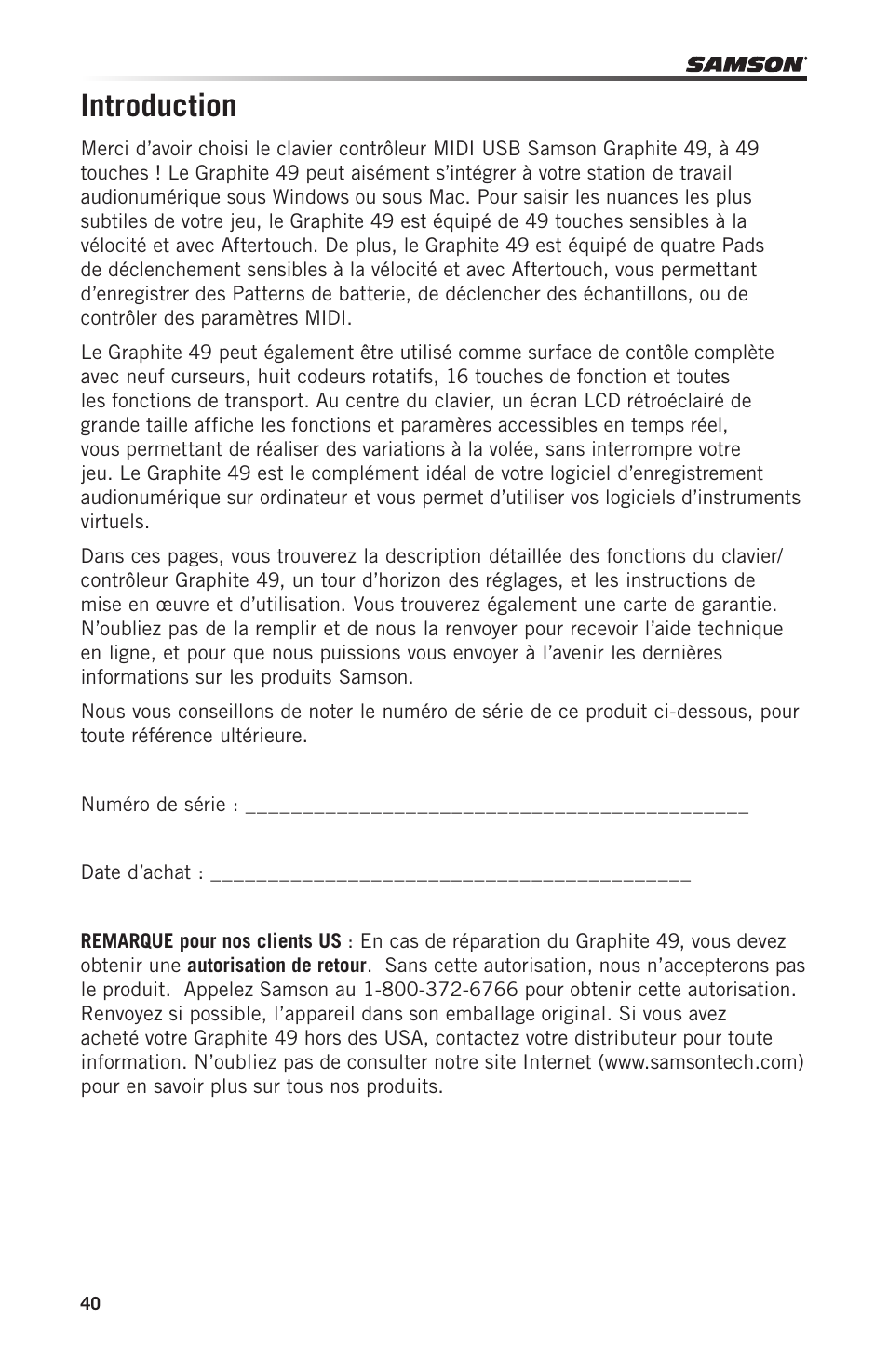 Introduction | Samson Graphite 49 - USB/MIDI Keyboard Controller User Manual | Page 40 / 164