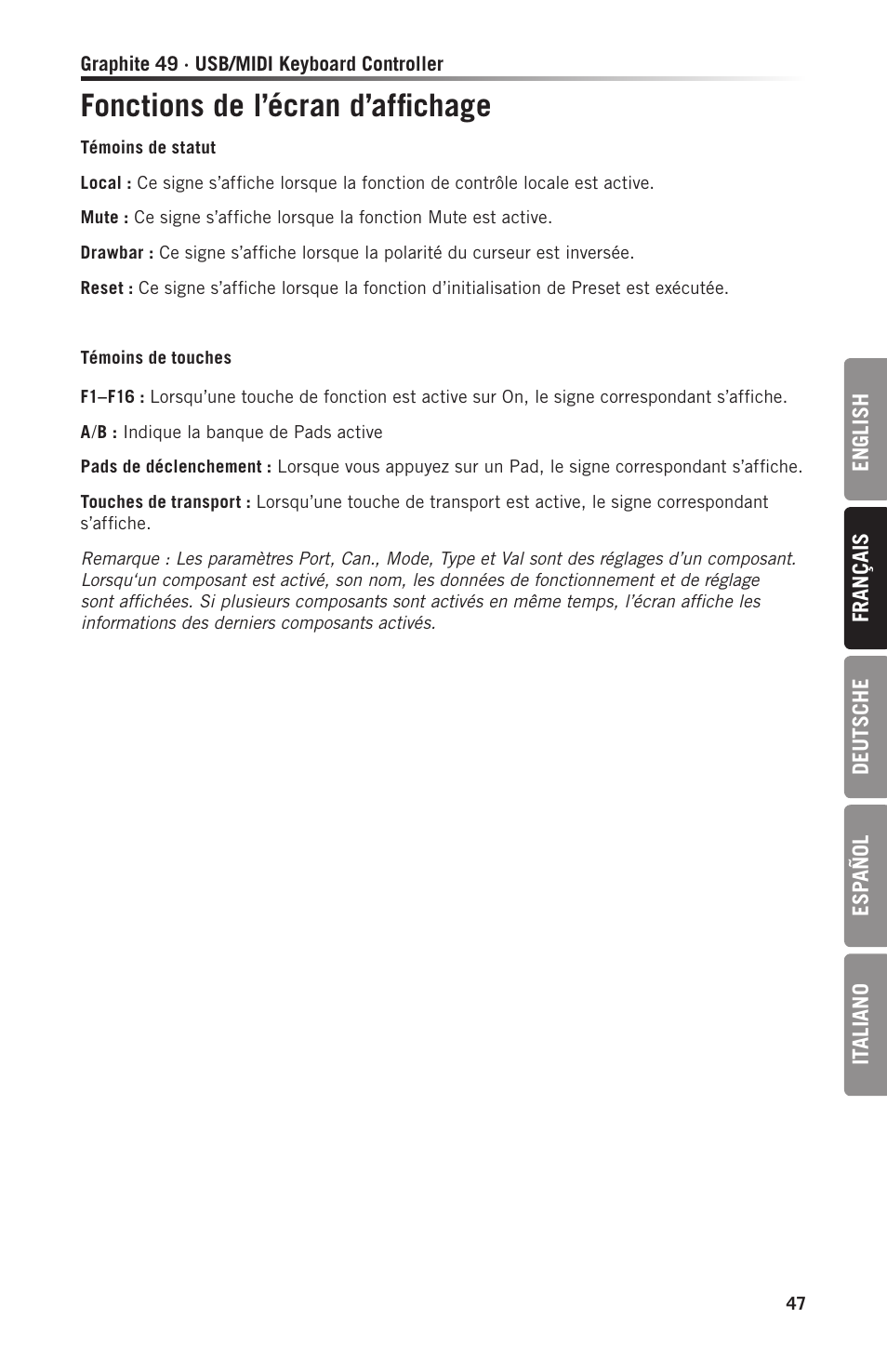 Fonctions de l’écran d’affichage | Samson Graphite 49 - USB/MIDI Keyboard Controller User Manual | Page 47 / 164