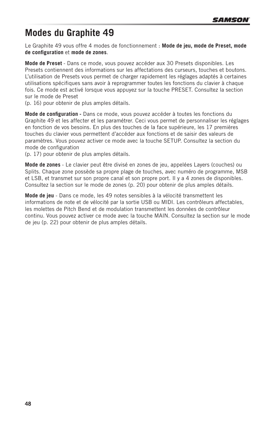 Modes du graphite 49 | Samson Graphite 49 - USB/MIDI Keyboard Controller User Manual | Page 48 / 164