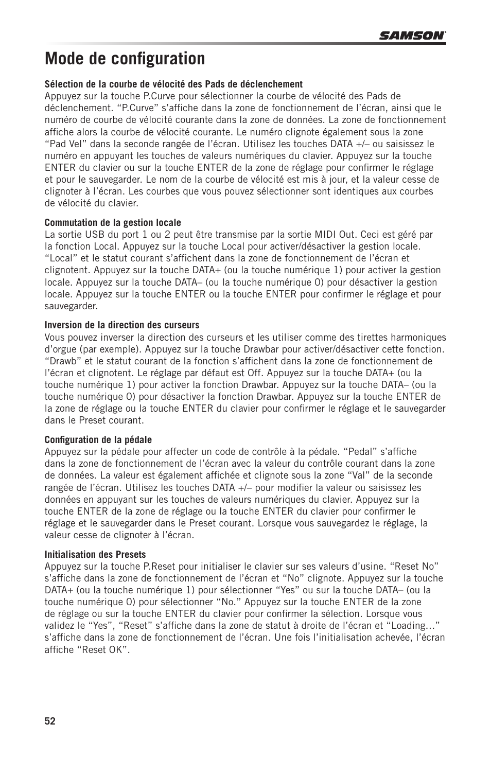 Mode de configuration | Samson Graphite 49 - USB/MIDI Keyboard Controller User Manual | Page 52 / 164