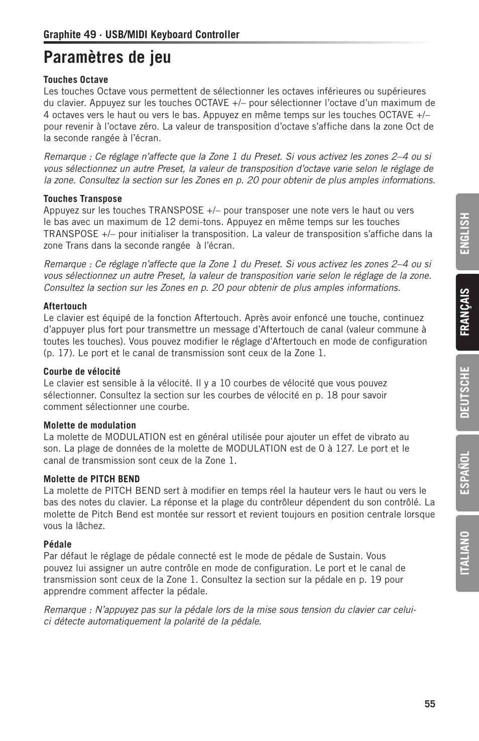 Paramètres de jeu | Samson Graphite 49 - USB/MIDI Keyboard Controller User Manual | Page 55 / 164