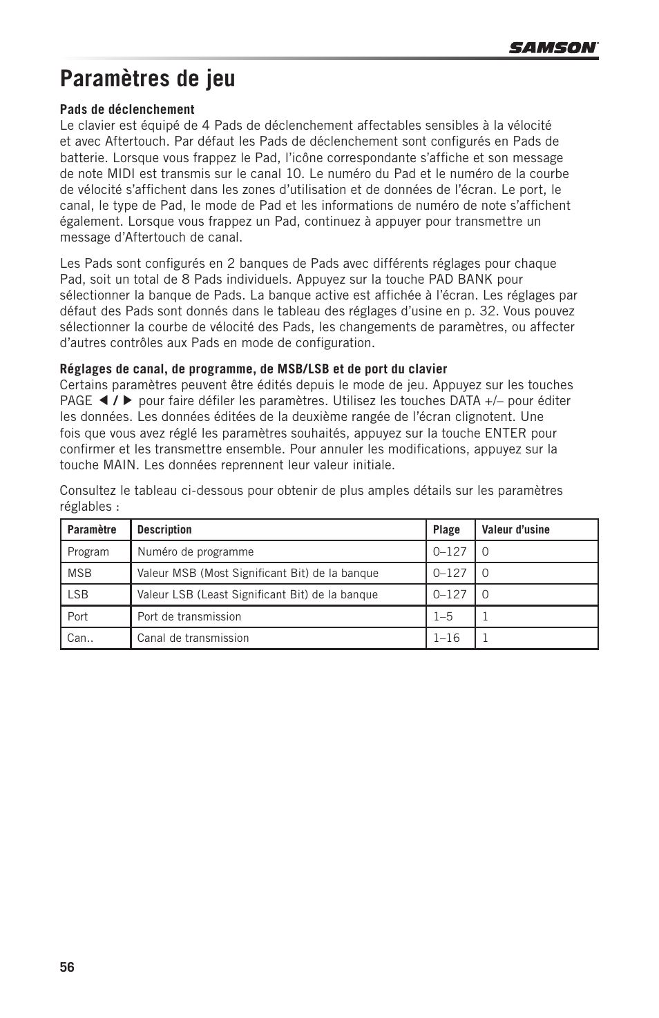 Paramètres de jeu | Samson Graphite 49 - USB/MIDI Keyboard Controller User Manual | Page 56 / 164
