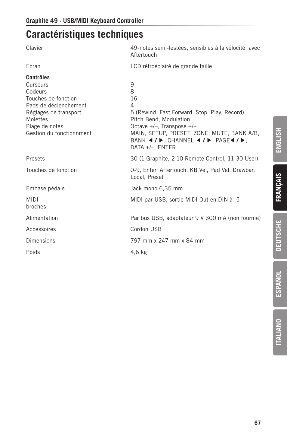 Caractéristiques techniques | Samson Graphite 49 - USB/MIDI Keyboard Controller User Manual | Page 67 / 164