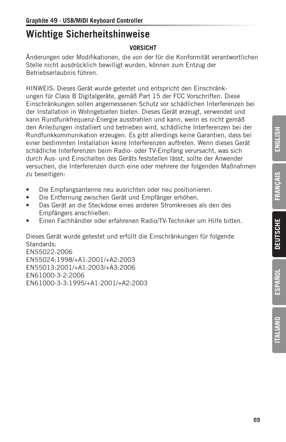 Wichtige sicherheitshinweise | Samson Graphite 49 - USB/MIDI Keyboard Controller User Manual | Page 69 / 164
