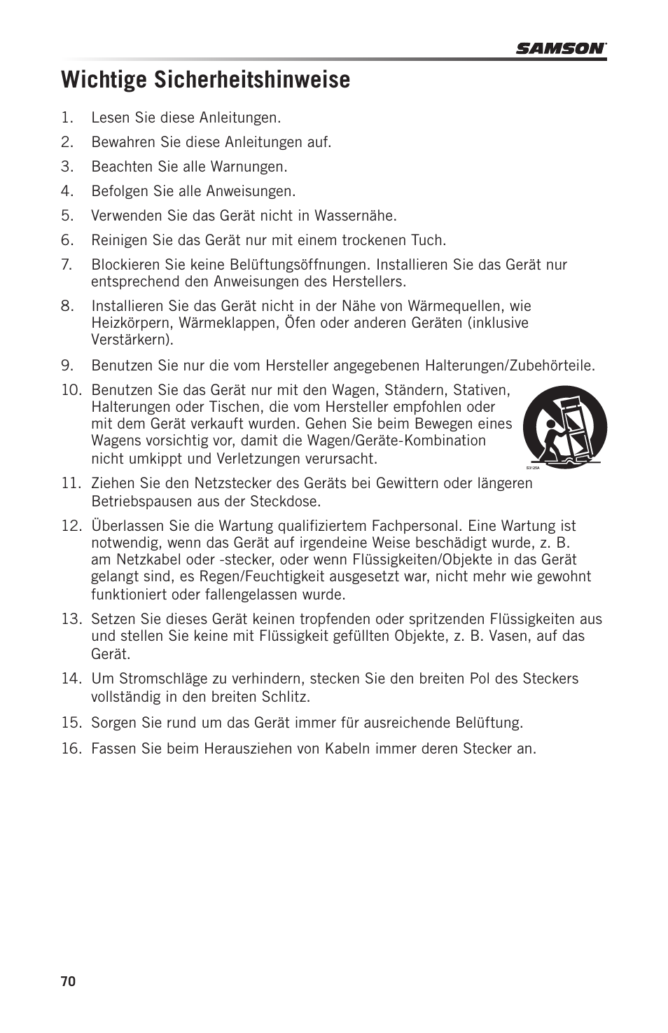 Wichtige sicherheitshinweise | Samson Graphite 49 - USB/MIDI Keyboard Controller User Manual | Page 70 / 164