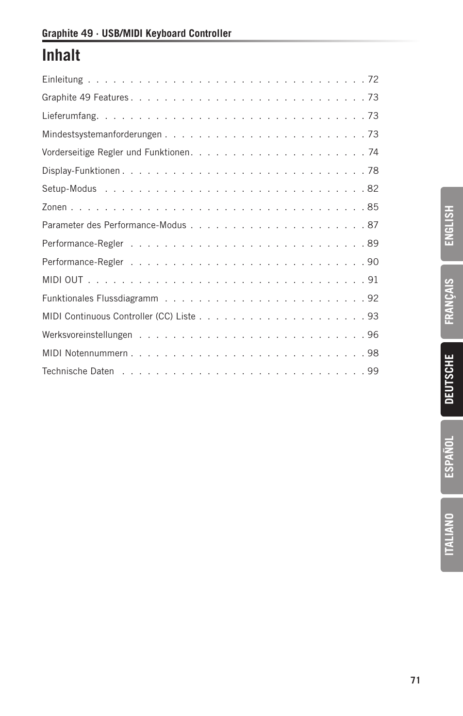 Inhalt | Samson Graphite 49 - USB/MIDI Keyboard Controller User Manual | Page 71 / 164
