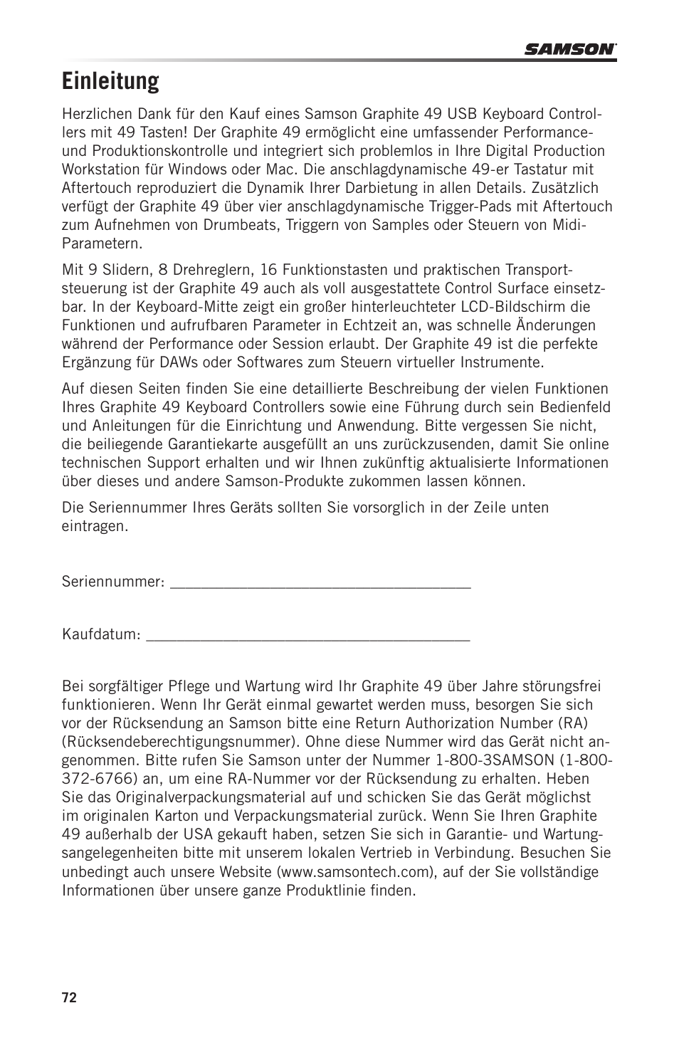 Einleitung | Samson Graphite 49 - USB/MIDI Keyboard Controller User Manual | Page 72 / 164