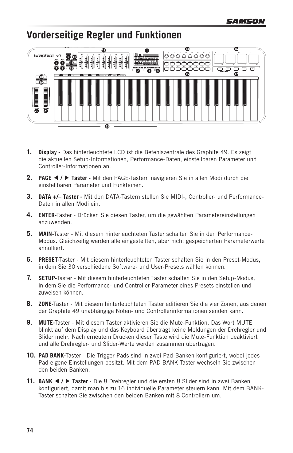 Vorderseitige regler und funktionen | Samson Graphite 49 - USB/MIDI Keyboard Controller User Manual | Page 74 / 164
