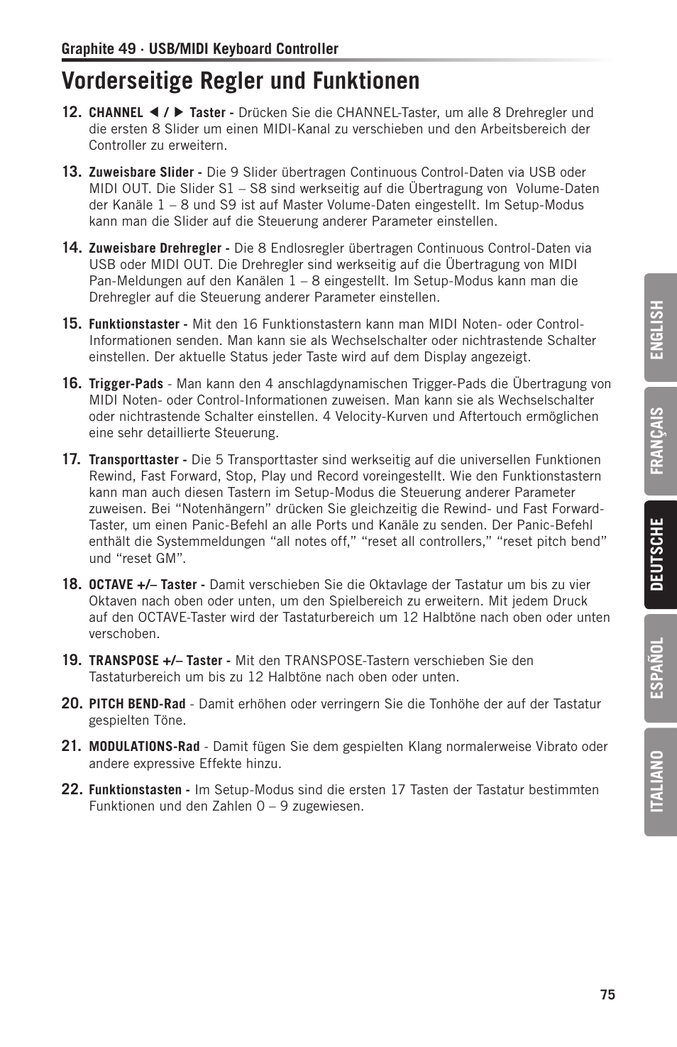 Vorderseitige regler und funktionen | Samson Graphite 49 - USB/MIDI Keyboard Controller User Manual | Page 75 / 164