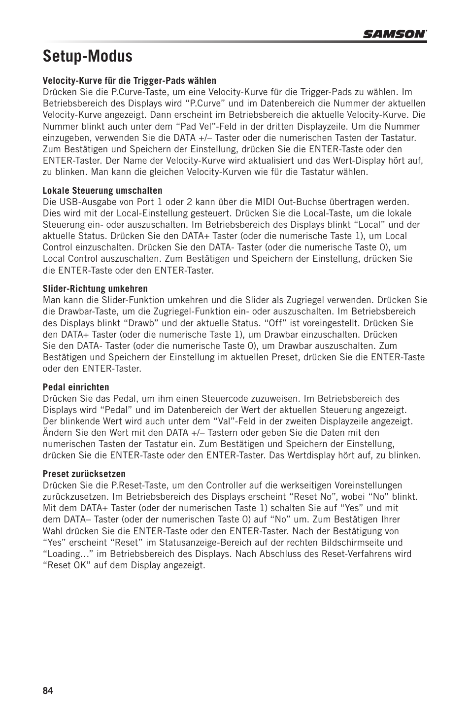 Setup-modus | Samson Graphite 49 - USB/MIDI Keyboard Controller User Manual | Page 84 / 164