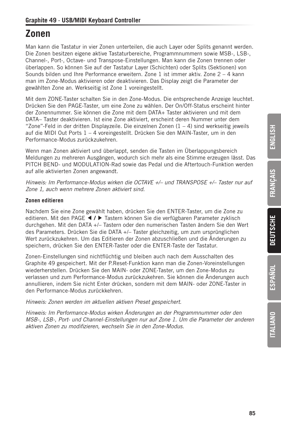 Zonen | Samson Graphite 49 - USB/MIDI Keyboard Controller User Manual | Page 85 / 164