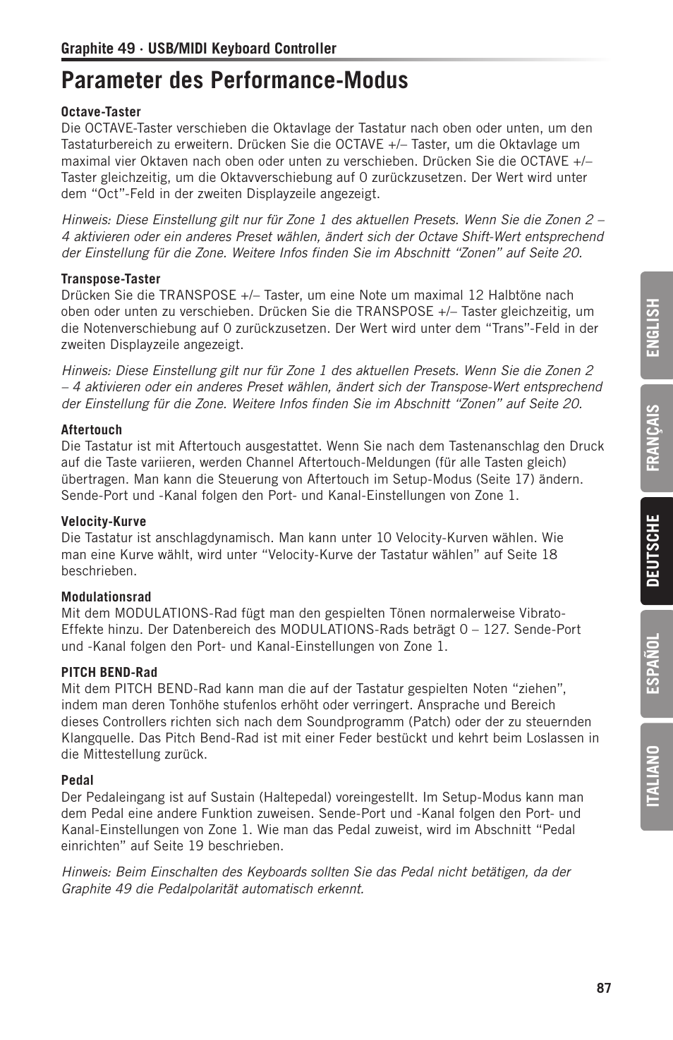 Parameter des performance-modus | Samson Graphite 49 - USB/MIDI Keyboard Controller User Manual | Page 87 / 164