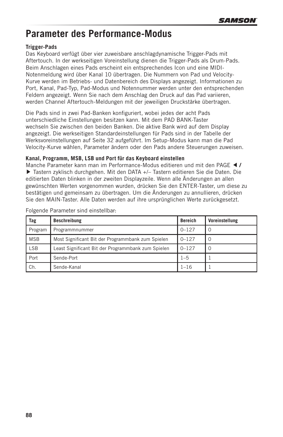 Parameter des performance-modus | Samson Graphite 49 - USB/MIDI Keyboard Controller User Manual | Page 88 / 164