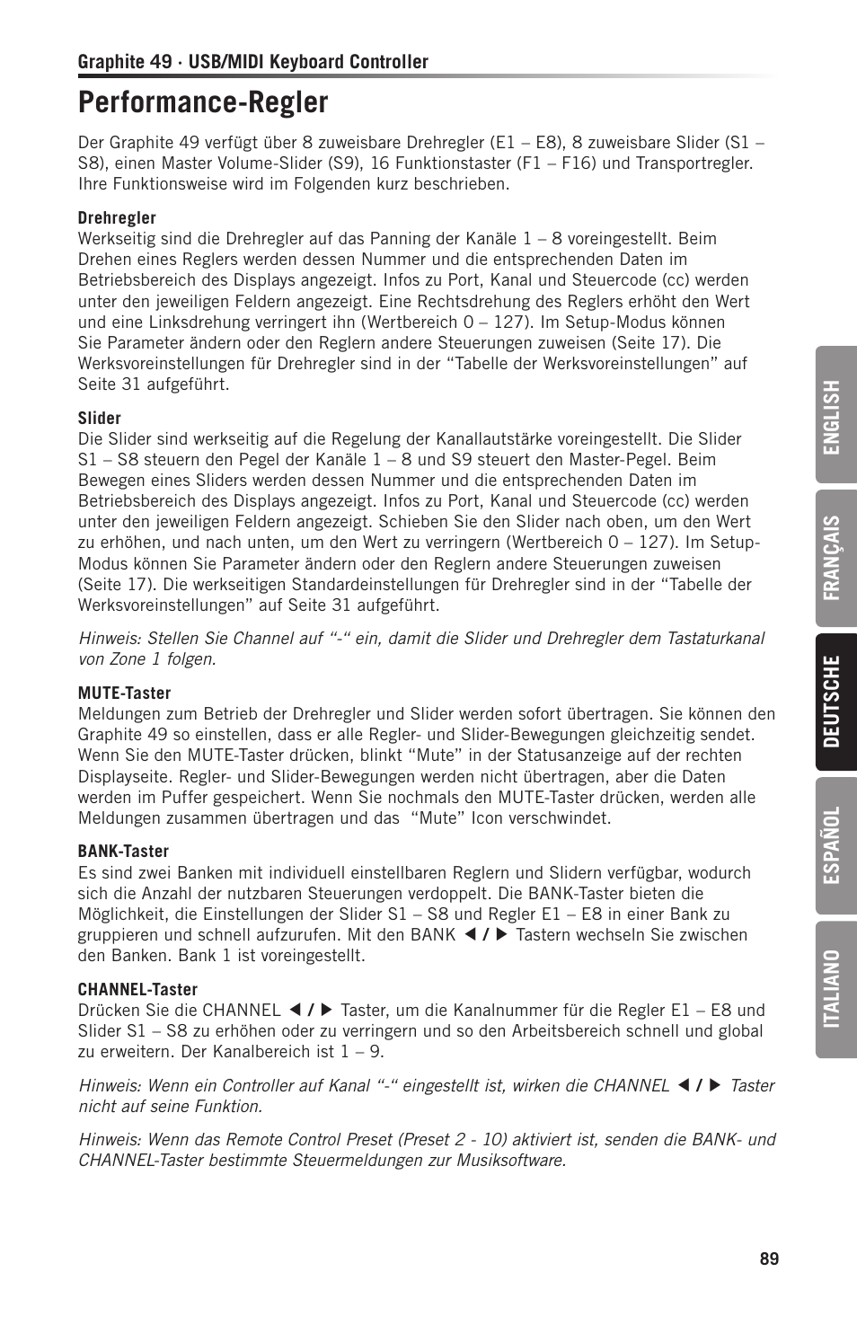 Performance-regler | Samson Graphite 49 - USB/MIDI Keyboard Controller User Manual | Page 89 / 164